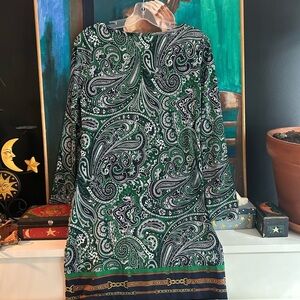 Michael Kors Green and Black Paisley Long Sleeve Dress Size Small